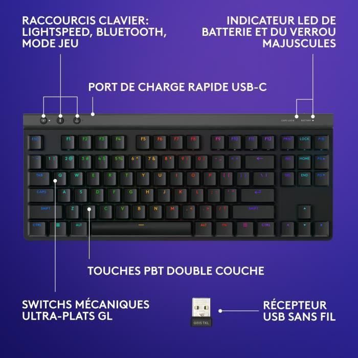 Teclado Gaming - Inalámbrico - Logitech G - G515 TKL Lightspeed - Mecánico Táctil - RGB - AZERTY - Negro 5