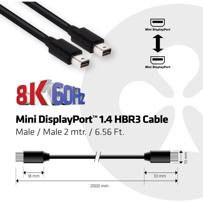 Club3D Cable Mini DisplayPort 1.4 HBR3 32.4Gb/s 8K60Hz 2m Macho/Macho - Conectores Bañados en Oro 2 Club3D Cable Mini DisplayPort 1.4 HBR3 32.4Gb/s 8K60Hz 2m Macho/Macho - Conectores Bañados en Oro 2