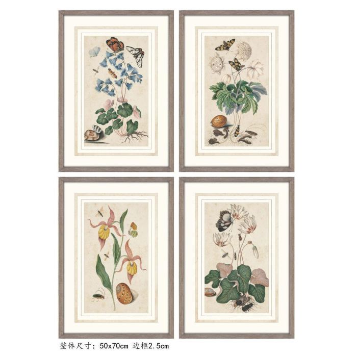 DKD Home Decor Cuadro Decorativo de Pared Cottage con Diseño Floral, Cristal y Abeto, Gris Verde, 70 x 50 cm (Set de 4)