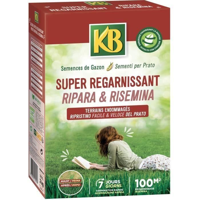 KB KREGFAC100 Semillas de césped - Super Replenishing 2 kg - Para zonas de sombra - Germinación rápida 7 días - Para 100m²