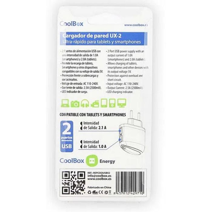 Coolbox Cargador de Pared UX-2 5V 2 Puertos USB, Compatible con Galaxy, iPad, iPhone, Negro 2