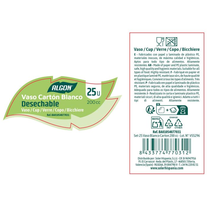 Algon Vaso Blanco Carton Set-25 200 Cc 7.2 x 20.4 cm 7 Algon Vaso Blanco Carton Set-25 200 Cc 7.2 x 20.4 cm 7