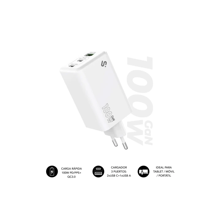 SUBBLIM SUBCHG-6G1003 Cargador GaN 100W USB-C Dual + USB-A PD, Carga Rápida 3 Dispositivos: Portátiles, Móviles, Tablets
