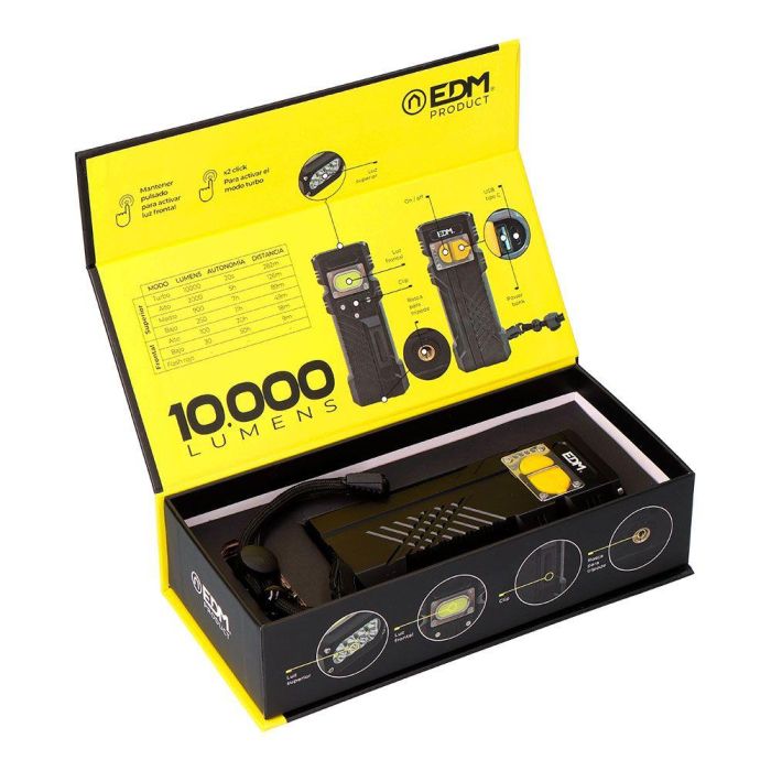 Edm Linterna LED de Largo Alcance 10000 Lm con Luz Frontal y Power Bank 5