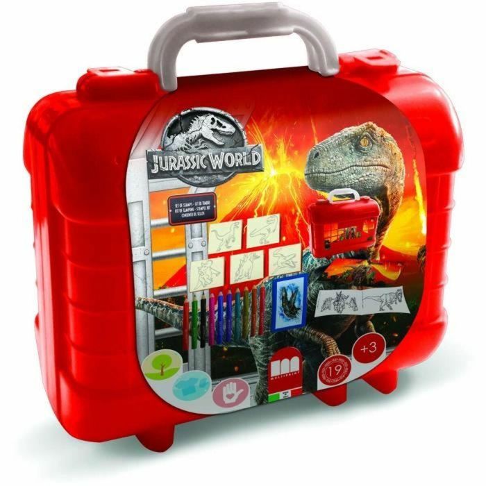 Multiprint MUNDO JURÁSICO Estuche de Sellos y Dibujos con 5 Sellos, 10 Lápices de Colores, Almohadilla de Tinta y Cuaderno para Estampar y Dibujar