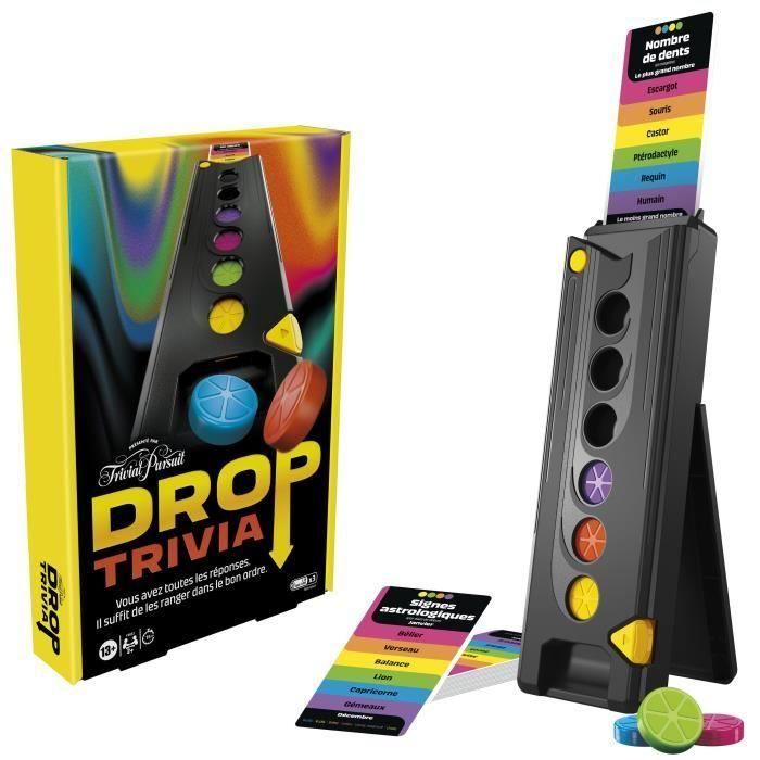 Drop Trivia, juego grupal electrónico con voz y sonidos, 13 años, 2 jugadores o más, 15 min, inspirado en Trivial Pursuit, Hasbro Ga