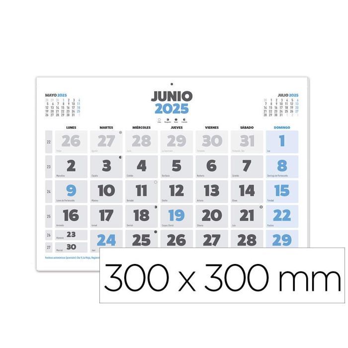 Calendario Pared Liderpapel Clasico 2025 Lomo Engomado 30x30 cm Papel 105 gr