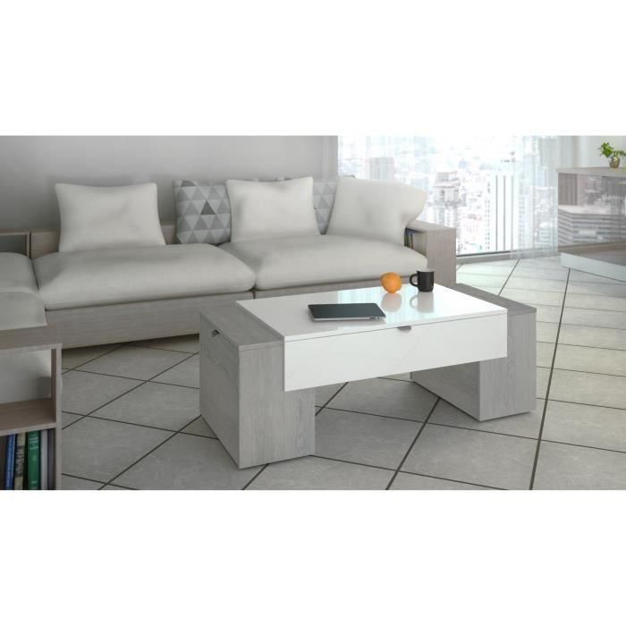 LUCKY Mesa de centro de estilo moderno con roble ceniciento y decoración blanca brillante - L 123 x W 42 cm 1