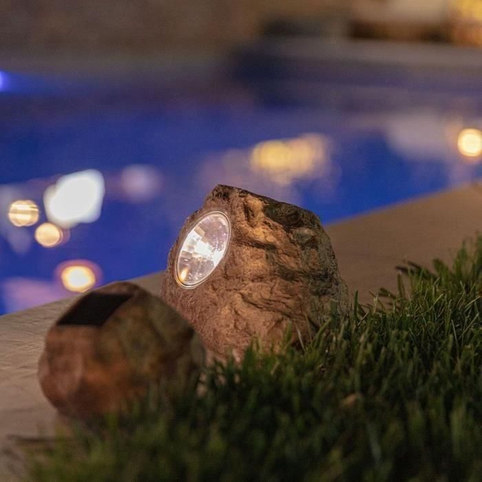 Juego de 3 piedras solares de jardín para instalar - LUMISKY - ROCKY BROWN - 14 y 9 cm - Marcación - LED blanco 2