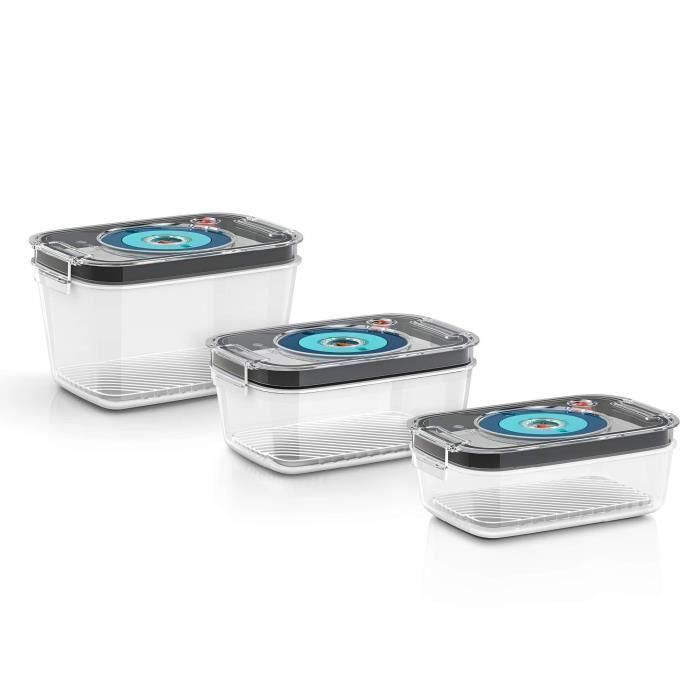 BOSCH - 3 cajas de almacenamiento al vacío herméticas: 0,7L, 1,0L y 1,5L - Bandeja de goteo - Indicador de día y mes - Tritan 2 BOSCH - 3 cajas de almacenamiento al vacío herméticas: 0,7L, 1,0L y 1,5L - Bandeja de goteo - Indicador de día y mes - Tritan 2