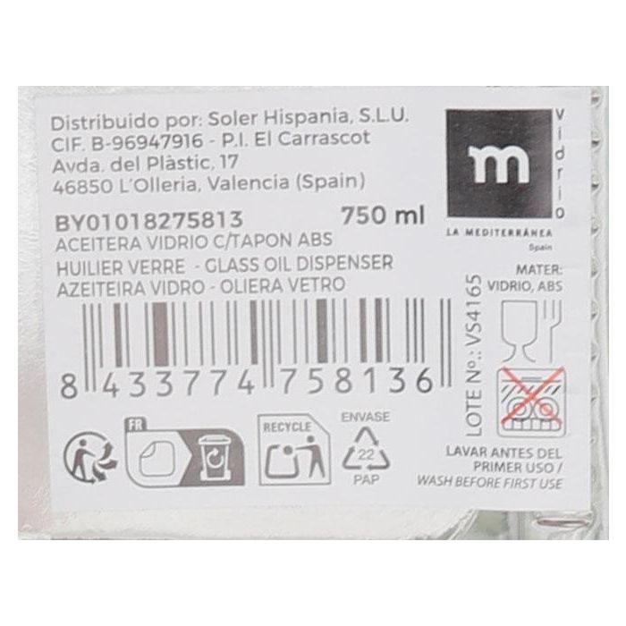 Aceitera de vidrio 750 ml con tapón ABS Anna (12 Unidades) 10 Aceitera de vidrio 750 ml con tapón ABS Anna (12 Unidades) 10