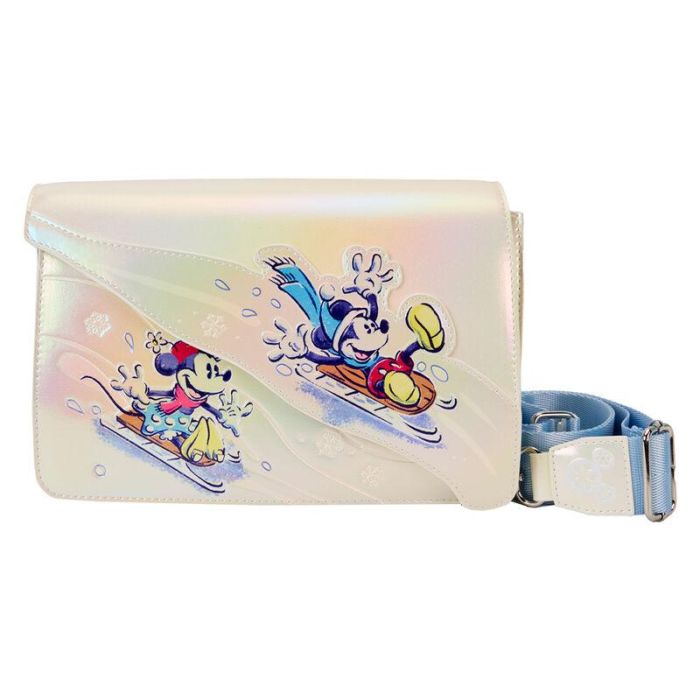 Loungefly Bandolera Winter Wonderland Mickey and Friends Disney Piel Vegana, Solapa Magnética, Detalles Iridiscentes, 23.75x15x7.5cm