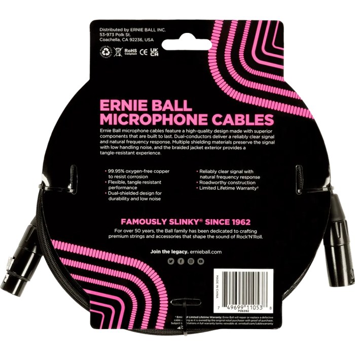 Ernieball Cable Micrófono Trenzado XLR-XLR 6m Negro 1