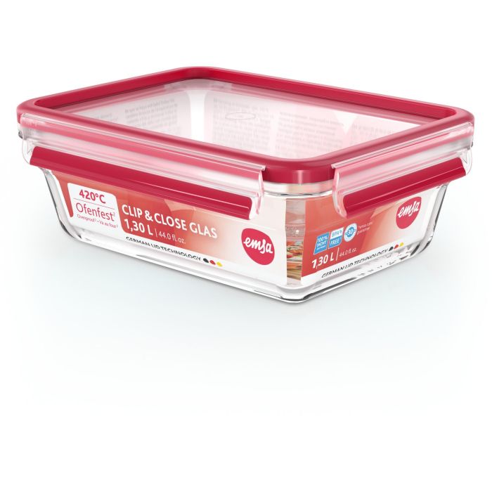 Emsa N10410 Clip & Close Glas Frischhaltedose 1.3 L Transparent/Rot 2 Emsa N10410 Clip & Close Glas Frischhaltedose 1.3 L Transparent/Rot 2