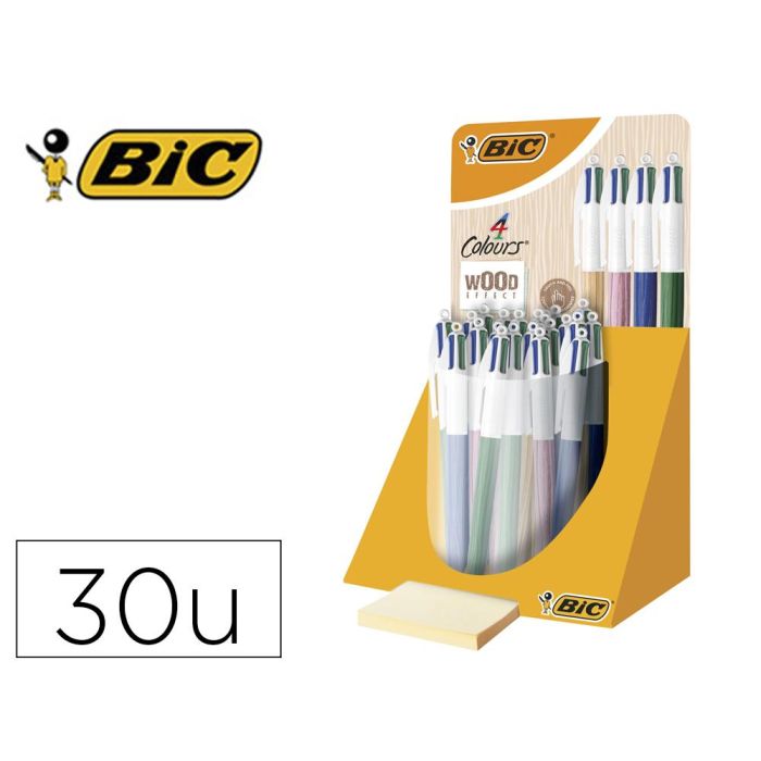 Boligrafo Bic Cuatro Colores Wood Expositor De 30 Unidades Colores Surtidos