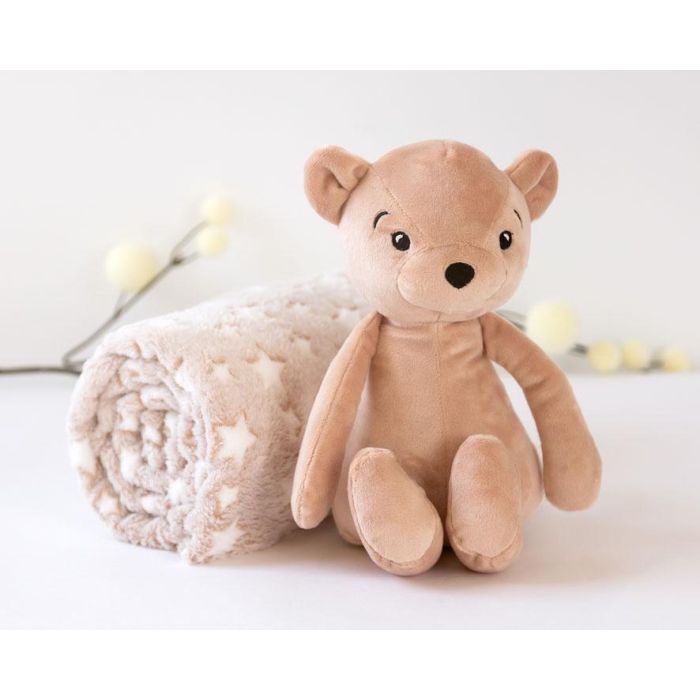 KioKids Oso de Peluche Marrón con Manta de Estrellas para Bebé, Suave, 25 cm