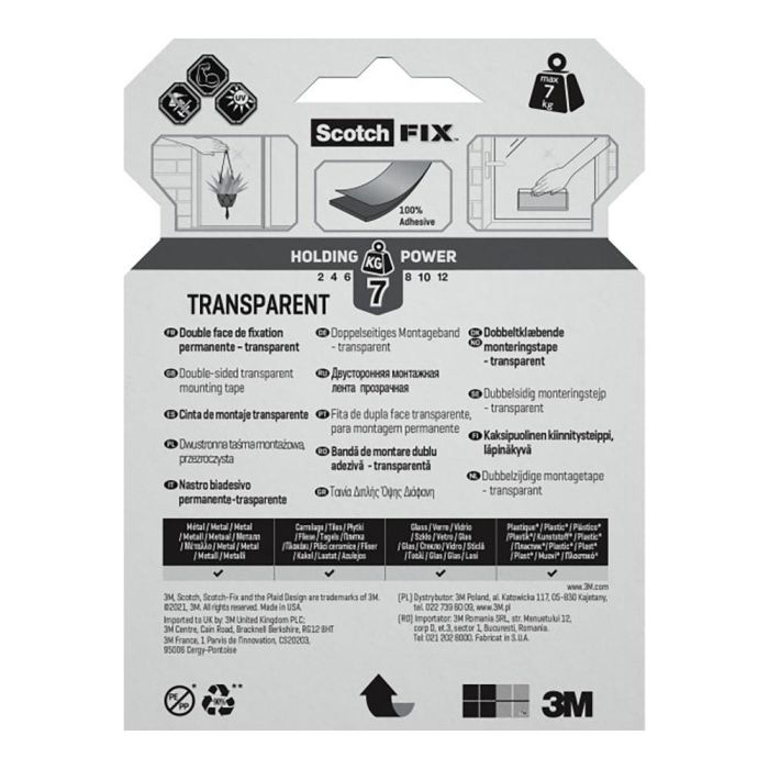 Scotch Cinta Doble Cara de Montaje Transparente, Adhesiva, 19mm x 5m, Soporta hasta 7kg para Fijación Fuerte 2