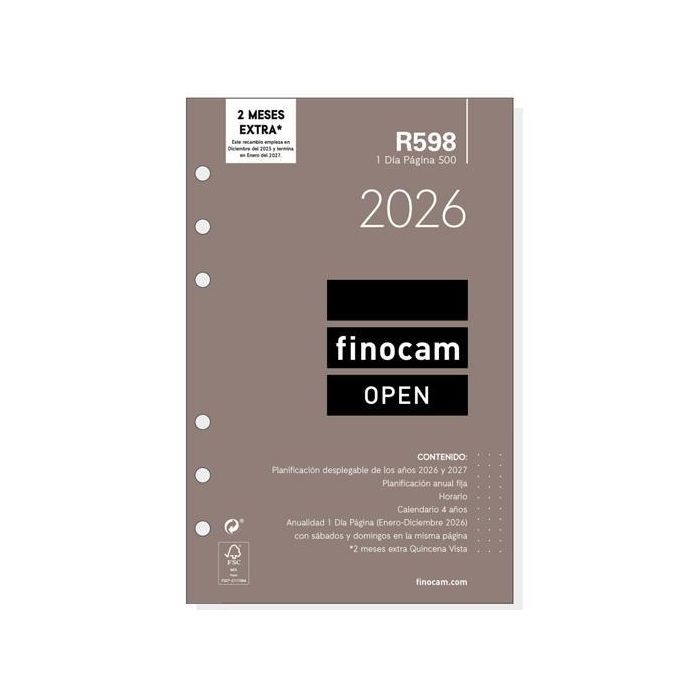 Finocam R598 500 Recambio Anual para Agenda de Anillas Open 1D/P 117x181 mm 12 Meses + 2 Meses Complementarios 2026