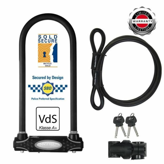 Master Lock Candado en U con Cable y Llave - Modelo XL - Acero Cementado, Doble Grillete, Cable 1.20m - Soporte Bicicleta 5