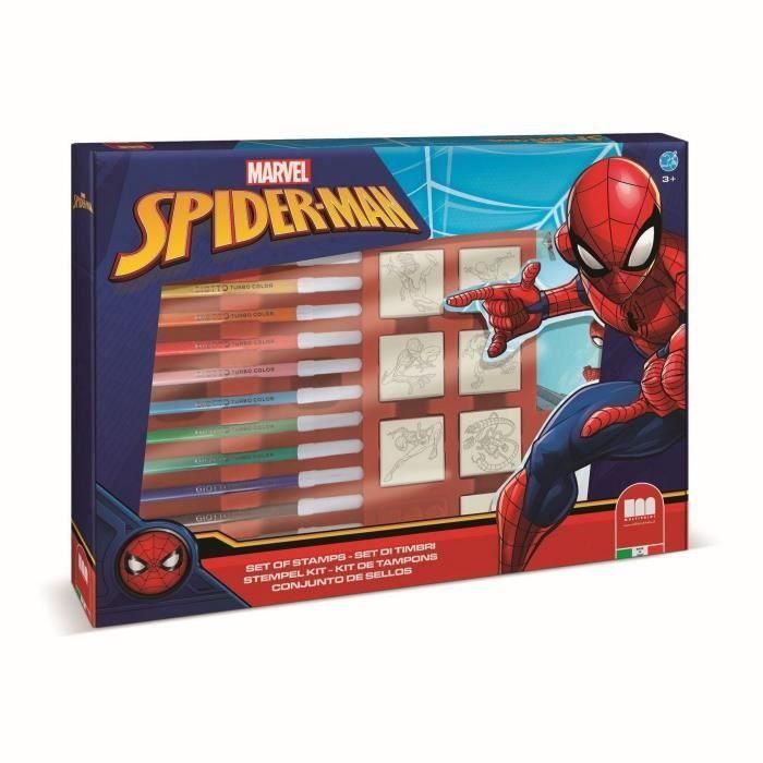 Caja para sellos - MULTIPRINT - 4817 - Spiderman - 7 sellos de madera y látex, 12 rotuladores Giotto, regla, álbum para colorear