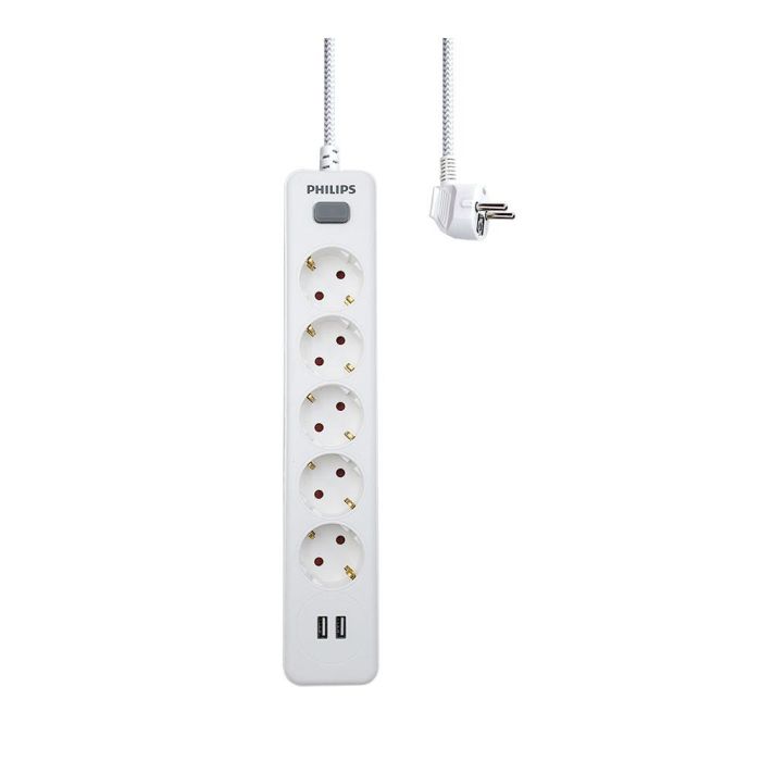 Philips Spn3052wa/10 Base Múltiple 5 Tomas Schuko con Interruptor y 2 USB a 2.4A, Cable 2m, Blanco 2 Philips Spn3052wa/10 Base Múltiple 5 Tomas Schuko con Interruptor y 2 USB a 2.4A, Cable 2m, Blanco 2