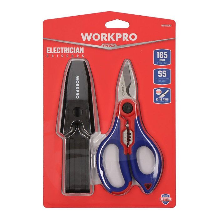 Workpro Tijeras de Electricista Acero Inoxidable con Ranuras Pelacables y Crimpado, Azul/Rojo, 167 x 80 x 28 mm 3