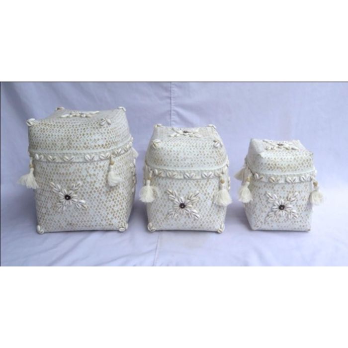 DKD Home Decor Cesta Balines Blanca de Bambú y Conchas, Set de 3 Unidades, 28 x 27 x 28 cm