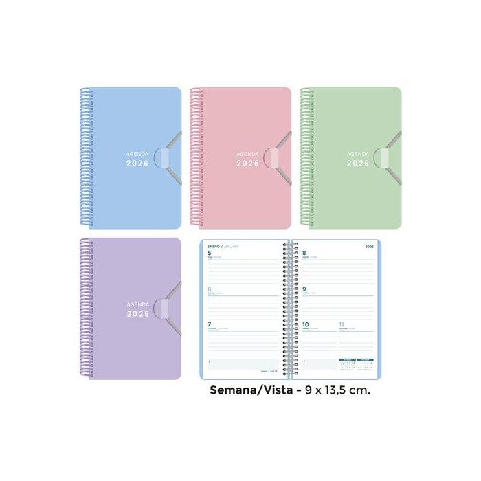Agenda Anual (2026) Senfort Mini Espiral Tapa Pp Con Goma 90X135 S/V Surtido Pastel De 4