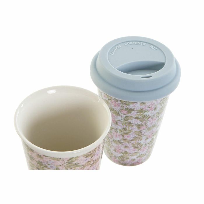 Taza Mug DKD Home Decor Azul Verde Rosa Silicona Porcelana Flores (400 ml) (3 pcs) 2