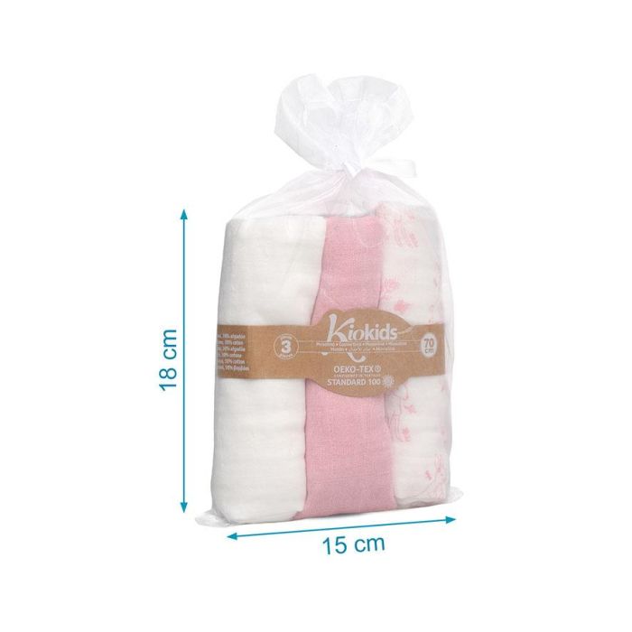 Set De 3 Muselinas Rosa, Blanco Y Estampado De Animalitos 70x70 cm