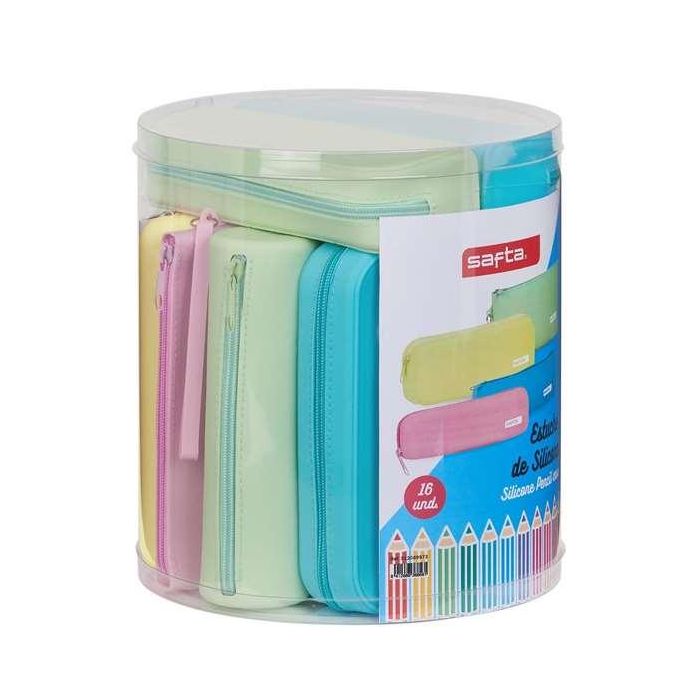 Safta Set de 16 Portatodos de Silicona, Colores Surtidos, Estuches Planos, Cuadrados, Estrechos y Redondos
