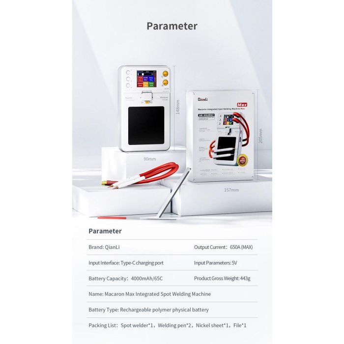 CoreParts Portable Spot Welding Machine QianLi Macaron Max, 4000mAh/65C for iPhone 11-14PM Battery 2