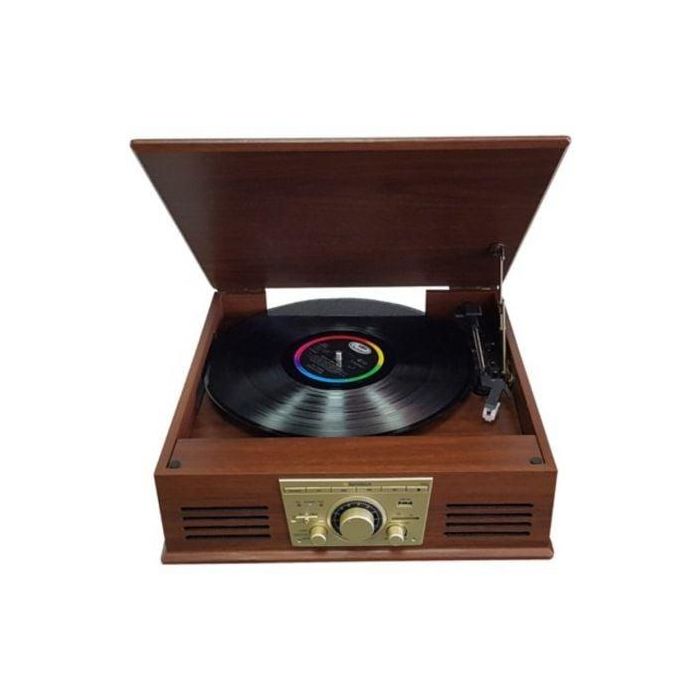 Sunstech PXR32 Tocadiscos Giradiscos de madera Bluetooth V5.0 Radio FM Conversor MP3 3 Velocidades Altavoces Estéreo Integrados 1
