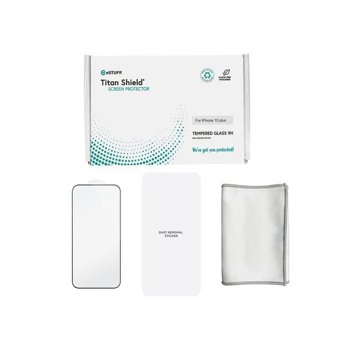 eSTUFF Protector Pantalla Completo Titan Shield para iPhone 15 Plus Vidrio Reciclado x50 INFINITE 9H Anti-rotura 4
