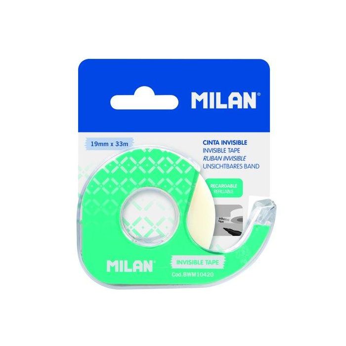 Milán Cinta adhesiva invisible mate 19 mm x 33 m con dispensador recargable verde, hoja de corte metálica