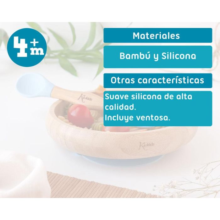 Set Vajilla Silicona Y Bambú Azul Con Cuchara-Tenedor 5 Set Vajilla Silicona Y Bambú Azul Con Cuchara-Tenedor 5