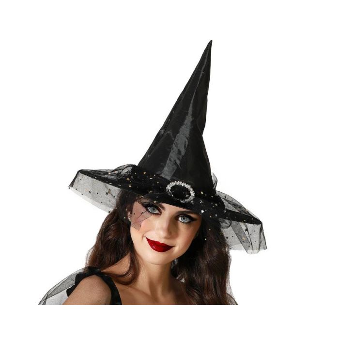 Sombrero De Bruja Negro Con Velo Y Estrellas Doradas - Perfecto para Halloween