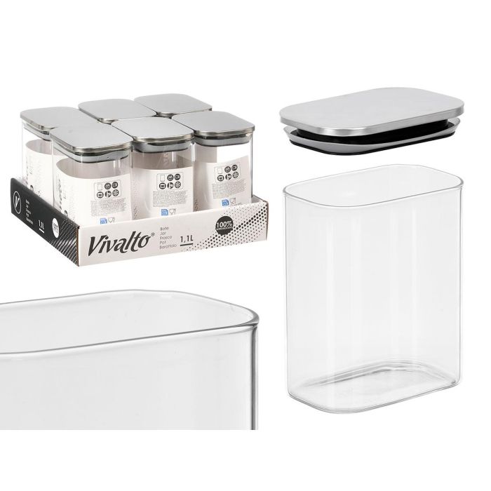 Vivalto Tarro Rectangular de Vidrio Borosilicato 1.1 L con Tapa de Acero y Sello de Silicona Transparente Plata 12x14.5x88 cm (12 Unidades) Vivalto Tarro Rectangular de Vidrio Borosilicato 1.1 L con Tapa de Acero y Sello de Silicona Transparente Plata 12x14.5x88 cm (12 Unidades)