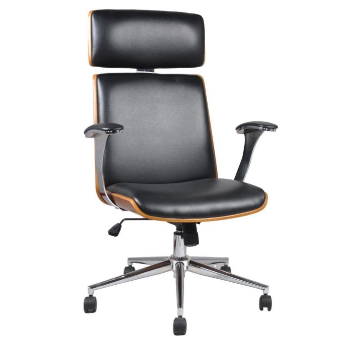 DKD Home Decor Silla de Escritorio Moderna, Ajustable y con Ruedas, Negro Marrón, Madera y PU, Altura Asiento 42 cm