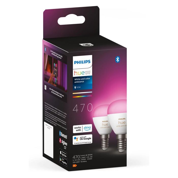 Philips White & Color Ambiance E14 Luster Tropf Doppelpack 470lm Bombilla Inteligente LED Blanca 2 Unidades Regulable 2 Philips White & Color Ambiance E14 Luster Tropf Doppelpack 470lm Bombilla Inteligente LED Blanca 2 Unidades Regulable 2