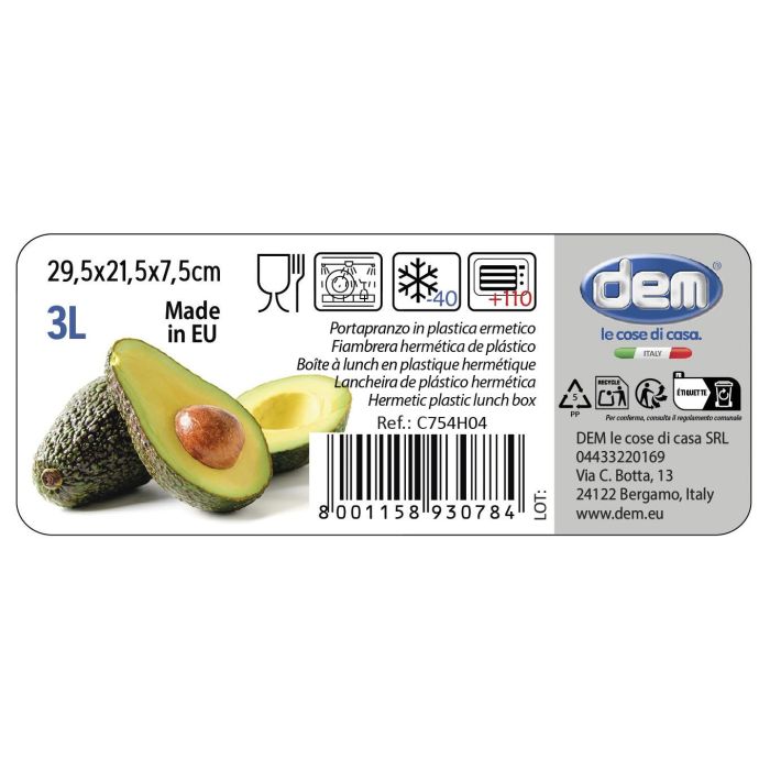 Dem Fiambrera 3L Hermética Microondas Rectangular 29.5x21.5x7.5 cm (12 Unidades)