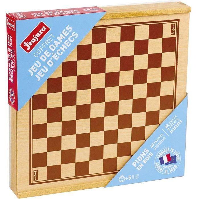 Jeujura Juego de Damas y Ajedrez en Caja de Madera con Tapa Reversible Serigrafiada y Piezas de Madera para Niños +5 Años 1 Jeujura Juego de Damas y Ajedrez en Caja de Madera con Tapa Reversible Serigrafiada y Piezas de Madera para Niños +5 Años 1