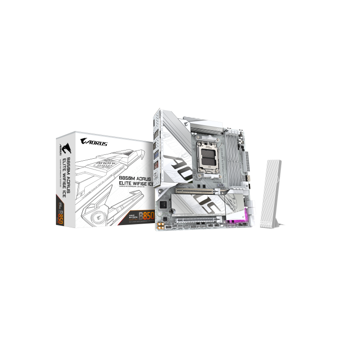 GIGABYTE B850M AORUS ELITE WIFI6E ICE Placa Base - Procesadores AMD Ryzen Serie 9000, 12+2+1 fases VRM digitales, hasta 8200MHz DDR5 (OC), 1xPCIe 5.0 + 1xPCIe 4.0 M.2, LAN 2.5, WiFi 7, USB 3.2 Gen 2