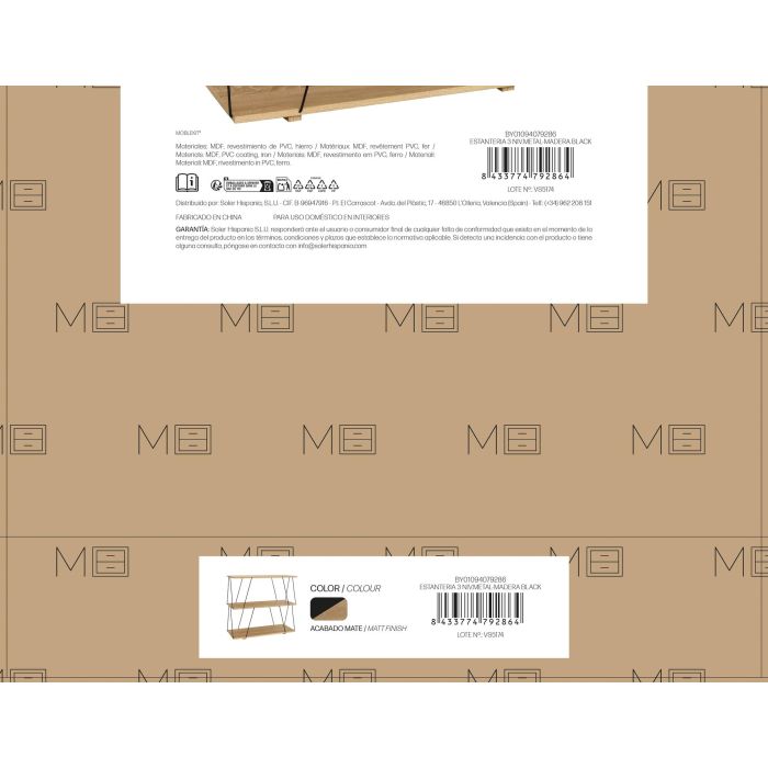 Inde Estantería Metálica y Madera Negra 3 Niveles 80x30x71.2 cm Moblekit 3