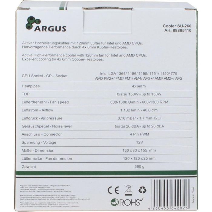 K Cooler Multi Socket Inter-Tech Argus SU-260 |115x|AM3/4|FM TDP 150W 3 K Cooler Multi Socket Inter-Tech Argus SU-260 |115x|AM3/4|FM TDP 150W 3