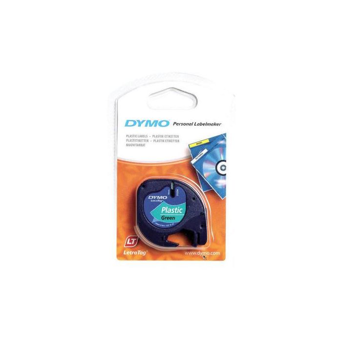 Dymo 91204 Cinta Negro Sobre Verde, 12 mmx4M, Plástico para Rotuladora Letratag 1