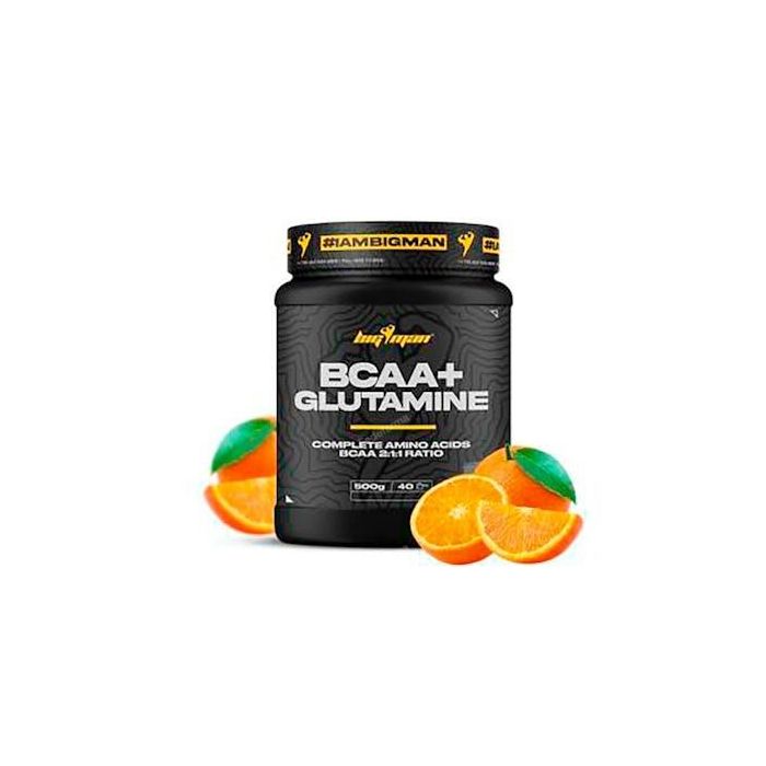 BIGMAN BCAA + Glutamina en polvo Sabor Naranja 500g, Aminoácidos relación 2:1:1 con Vitamina B6 para deportistas