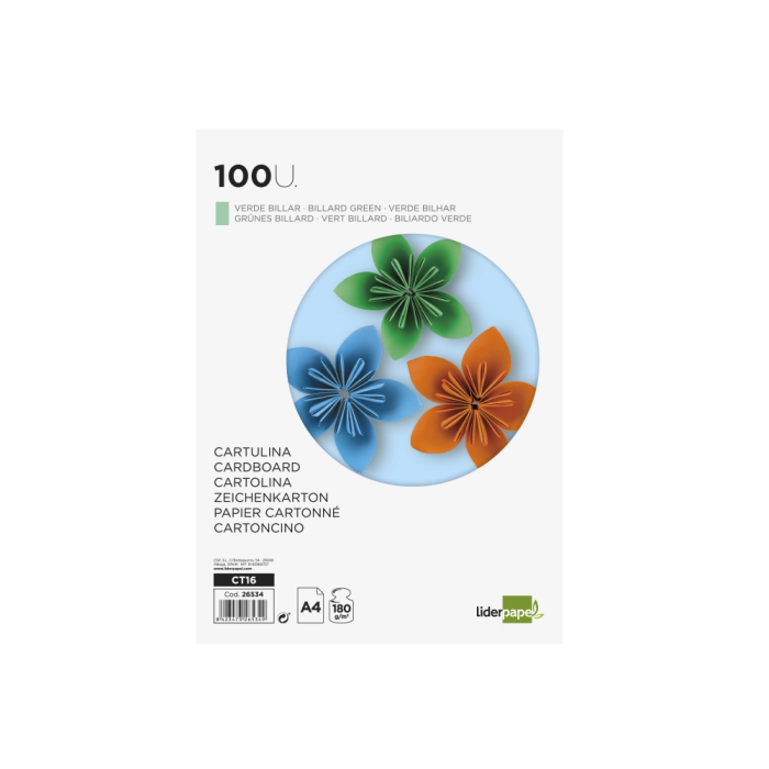 Liderpapel Cartulina A4 180g/m2 Verde Biliar Paquete de 100 Hojas 1