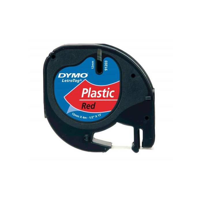 Dymo 91203 Cinta Negro Sobre Rojo, 12 mmx4M, Plástico para Rotuladora Letratag 1