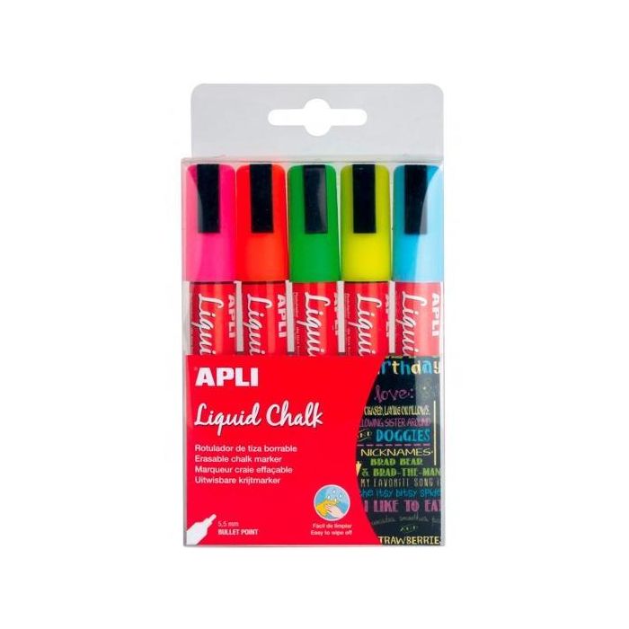 Apli Marcador De Tiza Líquida Punta Redonda 5,5 mm Colores Surtidos Blíster 5 Ud Apli Marcador De Tiza Líquida Punta Redonda 5,5 mm Colores Surtidos Blíster 5 Ud